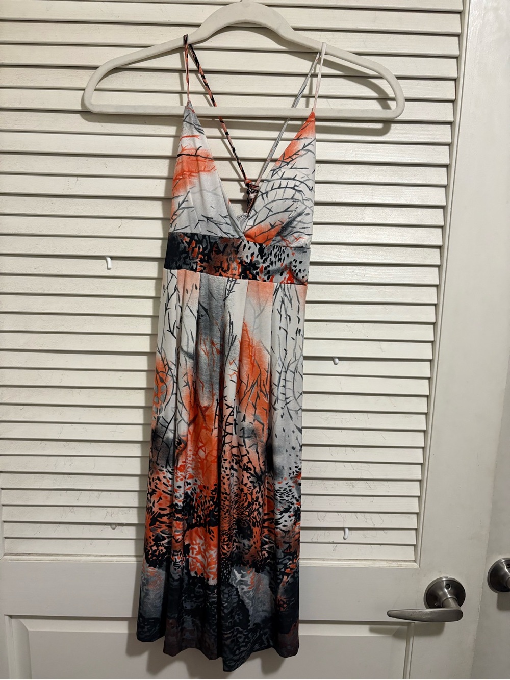 Spaghetti Strap V-Neck Maxi Dress in Orange, White & Gray